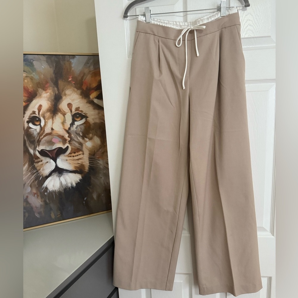 Beige Wide-Leg Women’s Pants with Drawstring Waist
